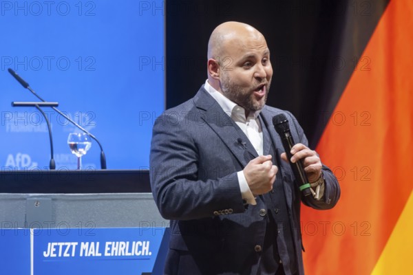 Markus Frohnmaier, MdB. Leading candidate for the post of Minister-President in Baden-Württemberg. However, he only wants to switch to state politics if he actually becomes prime minister. He is not standing for election as a member of the state parliament. Campaign rally for the state election of the AfD party in the Congress Center Pforzheim CCP. Pforzheim, Baden-Württemberg, Germany