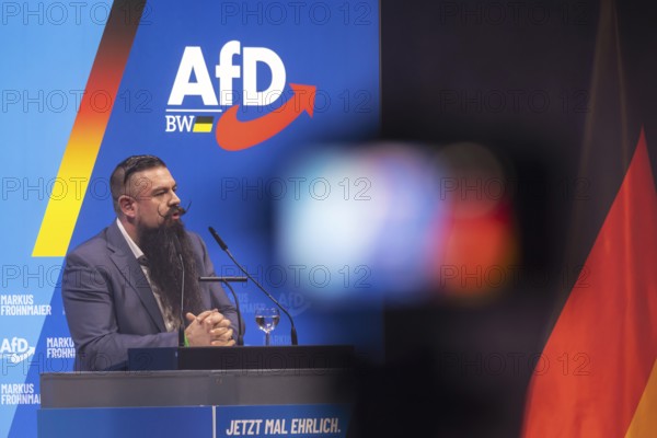 Campaign rally for the state election of the AfD party in the Congress Center Pforzheim CCP. Markus Frohnmaier is a leading candidate for the post of prime minister. Alexander Steblau, state parliament candidate for the Enz district. Pforzheim, Baden-Württemberg, Germany
