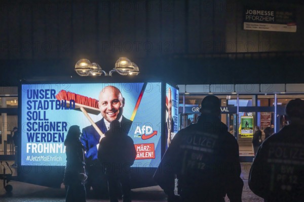 Campaign rally for the state election of the AfD party in the Congress Center Pforzheim CCP. Vehicle trailers with LED advertising with selected motifs featuring top candidate Markus Frohnmaier. Pforzheim, Baden-Württemberg, Germany