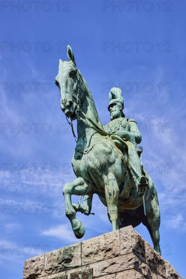 Emperor Frederick III, equestrian statue, sandstone pedestal, blue sky, cirrus clouds, Hohenzollern Bridge, Cologne, district-free city, North Rhine-Westphalia, Germany