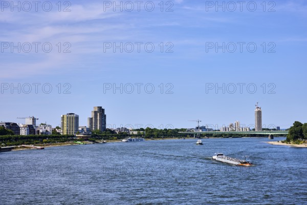 Rhine river, total view, general architecture, skyscrapers, car bridge, zoo bridge, trees, tanker, bird's eye view, blue sky, cirrus clouds, Cologne, district-free city, North Rhine-Westphalia, Germany