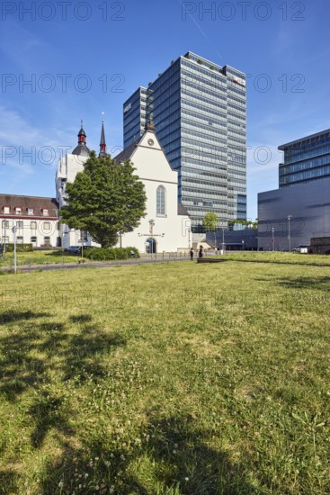 MaxCologne high-rise building, Lanxess, corporate headquarters, Lanxess Tower, Alt St. Heribert church, general development, commercial building, modern architecture, lawn, trees, blue sky, cirrus clouds, Urbanstraße, Kennedy-Ufer, Cologne, district-free city, North Rhine-Westphalia, Germany
