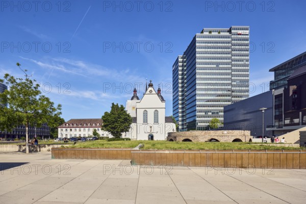 MaxCologne high-rise building, Lanxess, corporate headquarters, Lanxess Tower, Alt St. Heribert church, historic railway hub, general development, commercial buildings, modern architecture, lawn, trees, blue sky, cirrus clouds, Urbanstraße, Kennedy-Ufer, Cologne, district-free city, North Rhine-Westphalia, Germany