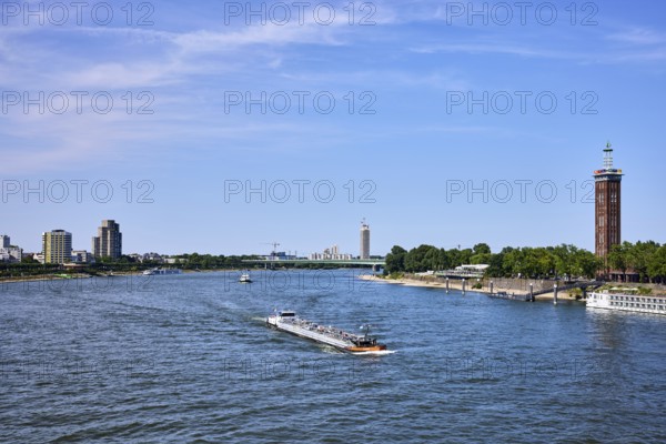 Rhine river, total view, general architecture, skyscrapers, exhibition tower, car bridge, zoo bridge, trees, tanker, bird's eye view, blue sky, cirrus clouds, Cologne, district-free city, North Rhine-Westphalia, Germany