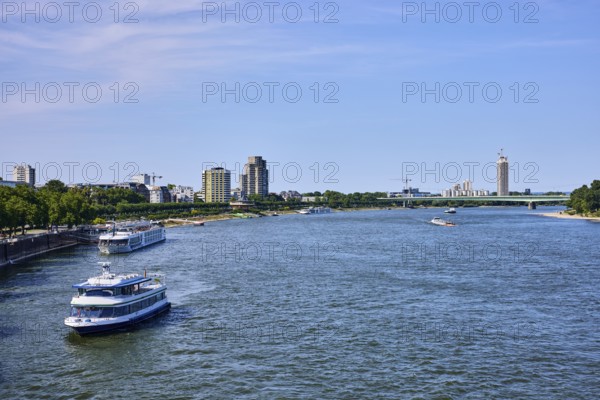Rhine river, total view, general architecture, skyscrapers, car bridge, zoo bridge, sightseeing boats, trees, bird's eye view, blue sky, cirrus clouds, Cologne, district-free city, North Rhine-Westphalia, Germany