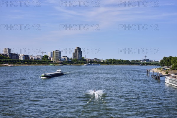 Rhine river, total view, European ship Pankgraf, jet ski, car bridge, zoo bridge, general architecture, high-rise buildings, trees, bird's eye view, blue sky, cirrus clouds, Cologne, district-free city, North Rhine-Westphalia, Germany