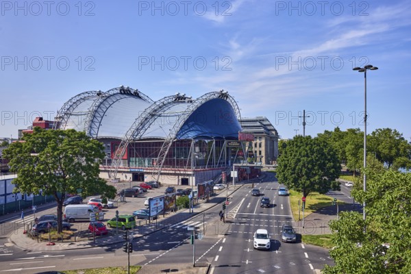 Musical Dome, large tent, road, general architecture, road markings lanes and stop line, cars, parking lot, lawn, trees, bird's eye view, blue sky, cirrus clouds, federal road B51, Konrad-Adenauer-Ufer, Cologne, district-free city, North Rhine-Westphalia, Germany