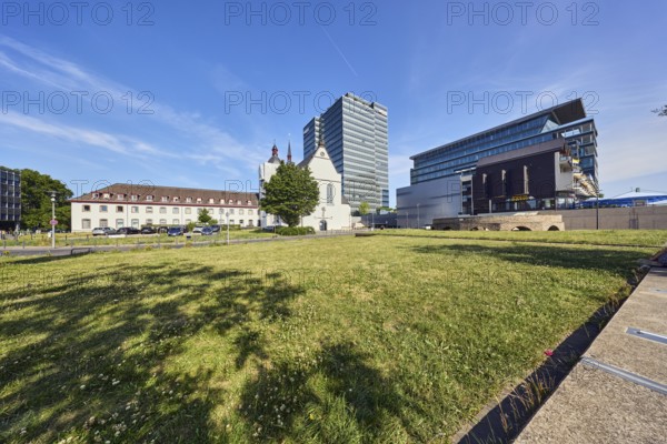 MaxCologne high-rise building, Lanxess, corporate headquarters, Lanxess Tower, Alt St. Heribert church, general development, commercial building, modern architecture, lawn, trees, blue sky, cirrus clouds, Urbanstraße, Kennedy-Ufer, Cologne, district-free city, North Rhine-Westphalia, Germany