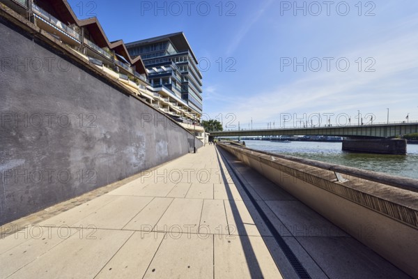 Rhine river, waterfront, general architecture, commercial buildings, modern architecture, concrete slab wall, car, pedestrian, bicycle and tram bridge, bridge, blue sky, cirrus clouds, Deutz bridge, Kennedy shore, Cologne, district-free city, North Rhine-Westphalia, Germany