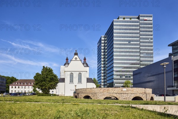 MaxCologne high-rise building, Lanxess, corporate headquarters, Lanxess Tower, Alt St. Heribert church, historic railway hub, general development, commercial building, modern architecture, lantern, lawn, trees, blue sky, cirrus clouds, Urbanstraße, Kennedy-Ufer, Cologne, district-free city, North Rhine-Westphalia, Germany