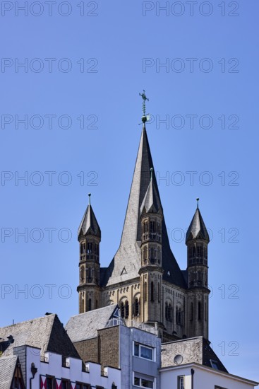 Church spire, church tower of Groß St. Martin, gable, pointed roofs, trees, blue sky, cloudless, Cologne, district-free city, North Rhine-Westphalia, Germany