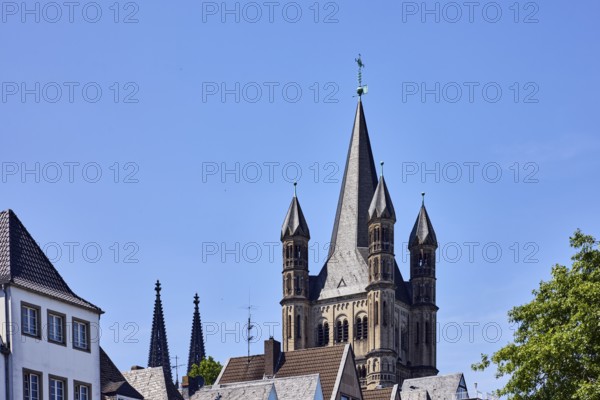 Church spire, steeples of Cologne Cathedral and Great St. Martin, gables, pointed roofs, trees, blue sky, cloudless, Cologne, district-free city, North Rhine-Westphalia, Germany