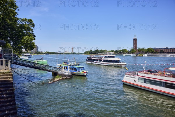 Rhine river, excursion boats, gangway, quay wall, general architecture, exhibition tower, trees, blue sky, cloudless, Trankgassenwerft, Cologne, district-free city, North Rhine-Westphalia, Germany