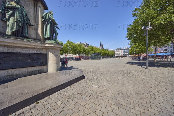 Frederick William III of Prussia monument, general architecture, spotlights, paving stone square, trees, blue sky, cloudless, hay market, Cologne, district-free city, North Rhine-Westphalia, Germany
