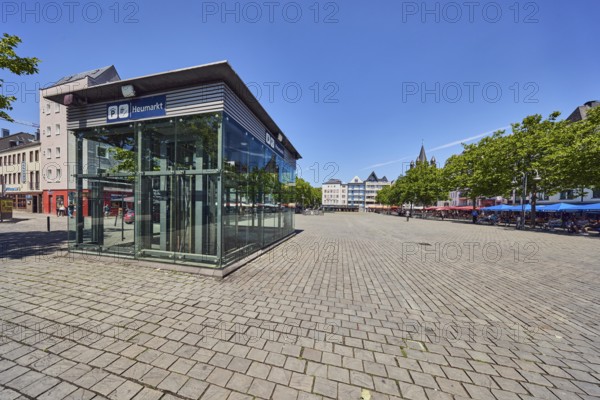 Underground car park, modern architecture, general development, paving stone square, trees, blue sky, cirrus clouds, hay market, Cologne, district-free city, North Rhine-Westphalia, Germany