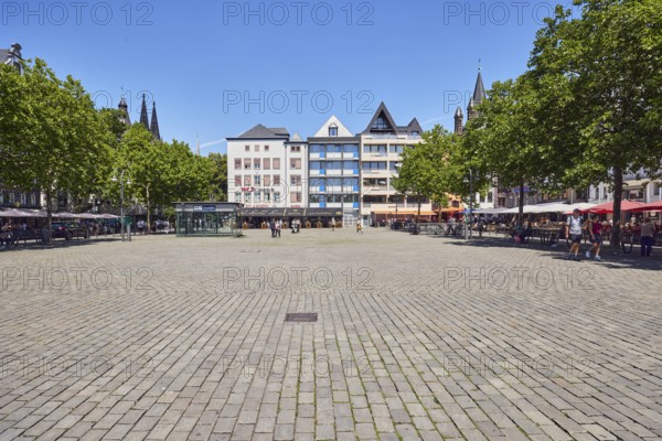 Row of houses, buildings, paving stone square, trees, blue sky, cloudless, hay market, Cologne, district-free city, North Rhine-Westphalia, Germany