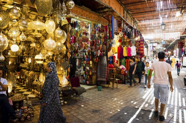 Shops selling lamps and slippers, Souk, Marrakech, Morocco
