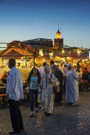 Food stalls on Place Djemma el-Fna, Gauklerplatz, UNESCO World Heritage Site, Blue Hour, Marrakech, Morocco