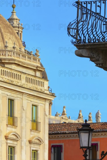 Historic centre view including Badia di Sant'Agata church rooftop, Catania, Sicily, Italy