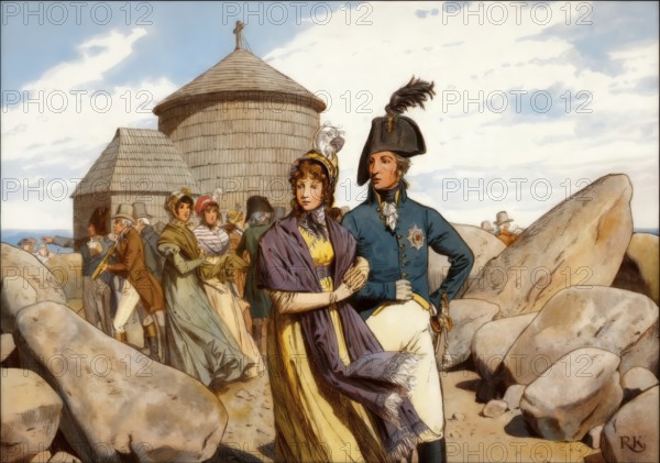 Louise of MecklenThe royal couple, Frederick William III and Louise, accompanied by the Earl of Schaffgotsches family on the Schneekoppe Mountain, 1800, Louise of Mecklenburg-Strelitz, 1776 - 1810, queen consort of Prussia, historical painting by R. Knötel