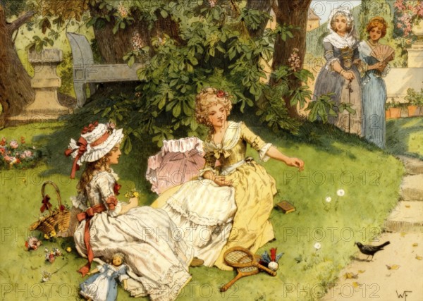 Princess Louise and Friederike of Mecklenburg-Strelitz as children in the garden of castle Broich, (1787), Louise of Mecklenburg-Strelitz, 1776–1810, queen consort of Prussia, historical painting by W. Friedrich