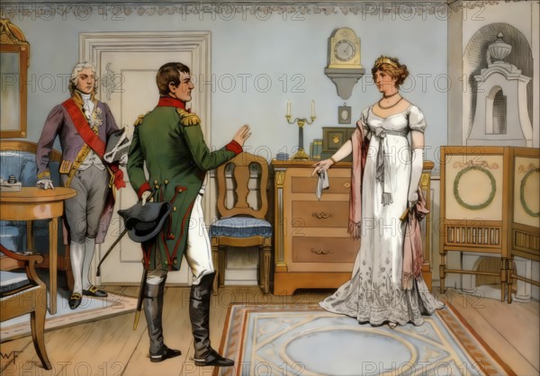 Napoleonic Wars, Conversation with Napoleon I in Tilsit, 1807, Louise of Mecklenburg-Strelitz, 1776 - 1810, queen consort of Prussia, Frederick William III, historical painting