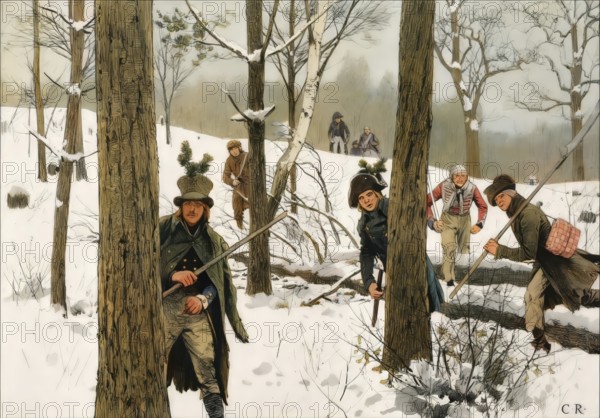 Prussian soldiers fleeing the French captivity, 1807, Napoleonic Wars, historical painting