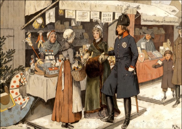 Queen Louise at the Christmas market in Berlin, making a gift to a middle-class woman, Louise of Mecklenburg-Strelitz, 1776 - 1810, queen consort of Prussia, historical painting by R. Knötel