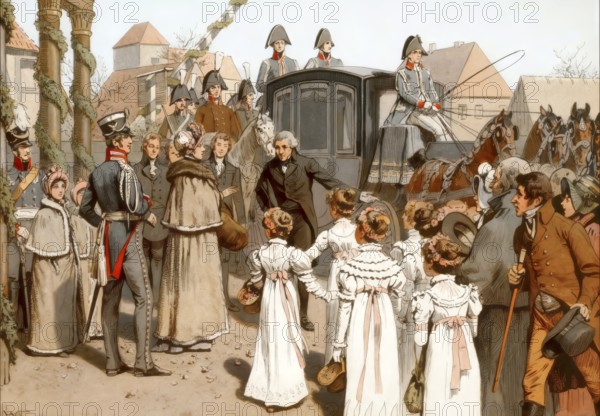 Return of the royal family to Berlin, 23 December 1809, Mayor Büsching welcomes the Queen in Weissensee, Berlin, Germany, Louise of Mecklenburg-Strelitz, 1776 - 1810, queen consort of Prussia, Frederick William III, King of Prussia