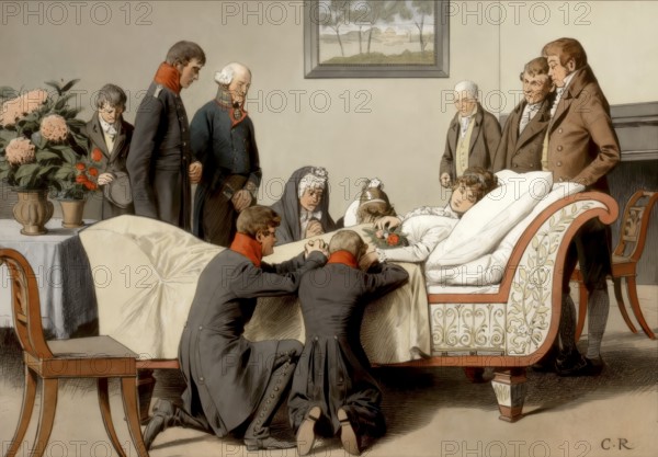 The king and his two eldest sons at the deathbed of the Queen in Hohenzieritz on the morning of July 19, 1810, Louise of Mecklenburg-Strelitz, 1776 - 1810, queen consort of Prussia, Frederick William III, King of Prussia, historical painting