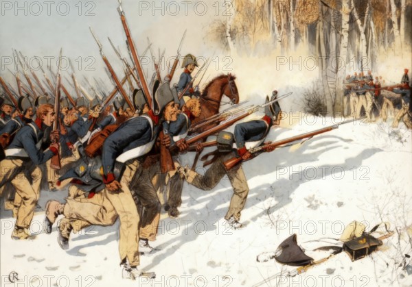 The Battle of Eylau or Battle of Preussisch-Eylau, 7 and 8 February 1807, between Napoléon's Grande Armée against a Russian Empire army and Prussian soldiers, Napoleonic Wars, historical painting