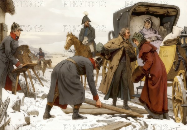 Napoleonic Wars, the escape of the Royal familiy from Koenigsberg to Memel through the Curonian Spit on 5 January 1807, Louise of Mecklenburg-Strelitz, 1776 - 1810, queen consort of Prussia, Frederick William III, historical painting