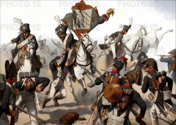 Napoleonic Wars, The black hussars at battle of Heilsberg in East Prussia on 10th June 1807, historical painting