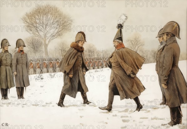 Replacement of prisoners, General Blucher against the French Marshal Victor on February 20, 1807, Napoleonic Wars, historical painting