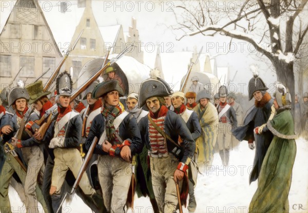 Napoleonic Wars, the remaining Prussian army passing the royal couple, Memel on January 14, 1807, Louise of Mecklenburg-Strelitz, 1776 - 1810, queen consort of Prussia, Frederick William III, historical painting