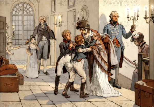 First meeting of the Queen Louise and her children after the battle of Jena in the castle of Schwedt, October 18th 1806, Napoleonic Wars, historical painting