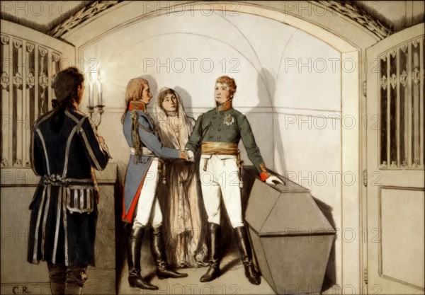 Emperor Alexander I of Russia vowed at the tomb of Frederick II. at the Garrison Church in Potsdam his friendship to Frederick William III of Prussia in the presence of Queen Louise, November 5th, 1805, Louise of Mecklenburg-Strelitz, 1776 - 1810, queen consort of Prussia