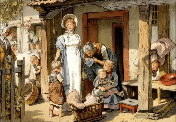 Queen Louise as a benefactress for poor people, Louise of Mecklenburg-Strelitz, 1776 - 1810, queen consort of Prussia, historical painting by W. Friedrich