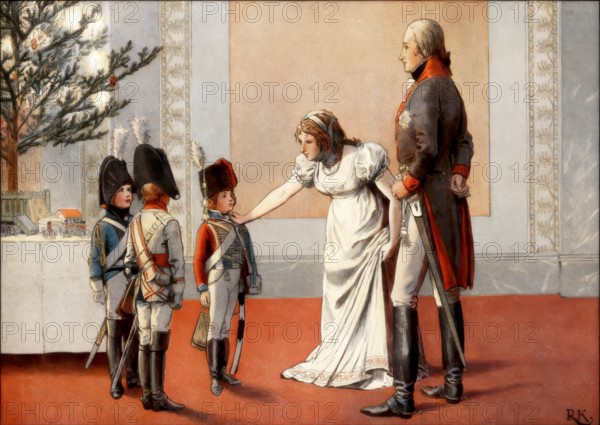 The royal couple Frederick William III and Louise on Christmas Eve 1803, giving uniforms as presents to his sons: Frederick William, William, Frederick Louis (Garde du Corps, Hussar and Dragoon), Louise of Mecklenburg-Strelitz, 1776 - 1810, queen consort of Prussia