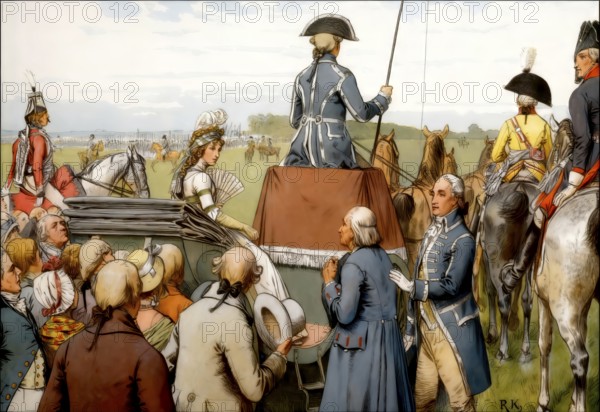 Queen Louise at a parade on the parade ground at Stargard, 1798, Louise of Mecklenburg-Strelitz, 1776 - 1810, queen consort of Prussia, historical painting by R. Knötel