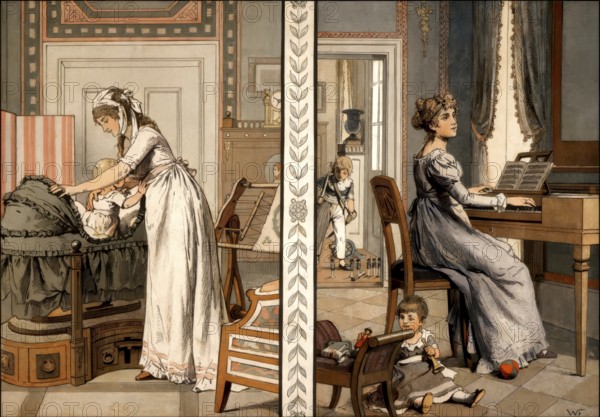 Queen Louise in her home, domestic pleasures, Louise of Mecklenburg-Strelitz, 1776 - 1810, queen consort of Prussia, historical painting by W. Friedrich