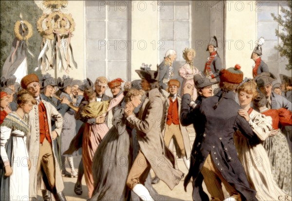 Games and dances at the Harvest Festival in Paretz, together with the Crown Princess Louise, Germany, Louise of Mecklenburg-Strelitz, 1776 - 1810, queen consort of Prussia, historical painting by C. Röchling