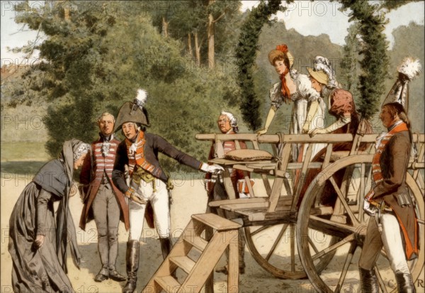 Louise A trip on the wagon, the young royal couple Louise and Frederick William III with the Grand Mistress, Lady d'Etiquette on the summerhouse Oranienburg, Germany, Louise of Mecklenburg-Strelitz, 1776 - 1810, queen consort of Prussia, historical painting by C. Röchlingof Mecklenburg, 1776–1810, queen consort of Prussia