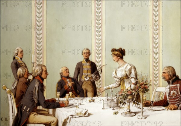 Crown Princess Louise allowing the Adjutant General Colonel of Köckeritz to smoke his usual pipe, Paretz, Germany, Louise of Mecklenburg-Strelitz, 1776 - 1810, queen consort of Prussia, historical painting by C. Röchling
