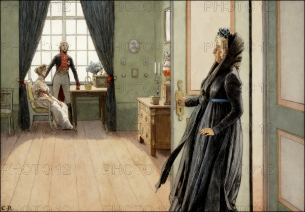 Crown Prince Friedrich Wilhelm and his young wife Louise meet informally against the wishes of the Grand Mistress Countess of Voss, Germany, 22. December 1793, Louise of Mecklenburg-Strelitz, 1776 - 1810, queen consort of Prussia, historical painting by C. Röchling