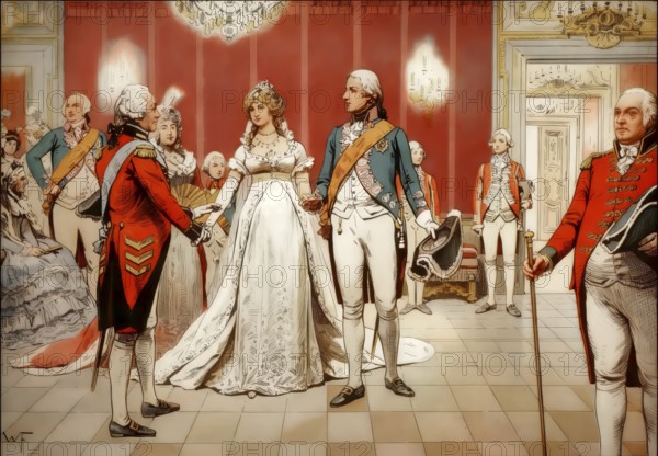 Royal wedding with Frederick William III, in the Palace of Berlin, December 24, 1793, Berlin, Germany, 22. December 1793, Louise of Mecklenburg-Strelitz, 1776 - 1810, queen consort of Prussia, historical painting by W. Friedrich