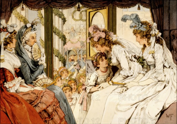 Welcoming the princess bride by blooming girls, Unter den Linden, Berlin, Germany, 22. December 1793, Louise of Mecklenburg-Strelitz, 1776 - 1810, queen consort of Prussia, historical painting by W. Friedrich, Publishing house Paul Kittel, 1896