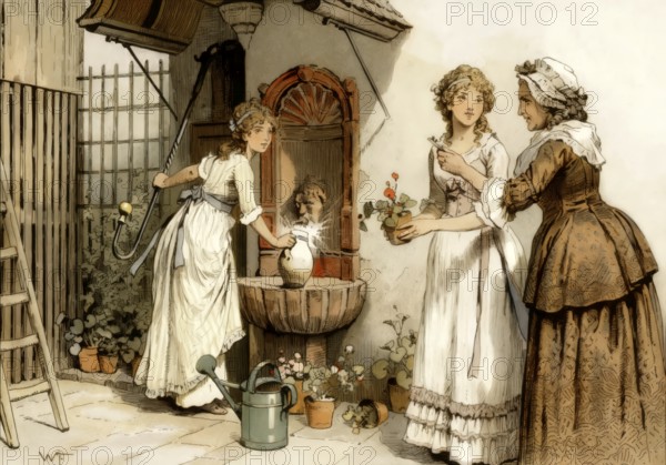 Louise and Friederike at the home of Mrs. Goethe in Frankfurt a.M, Germany (1790), Louise of Mecklenburg-Strelitz, 1776–1810, queen consort of Prussia, historical painting by W. Friedric