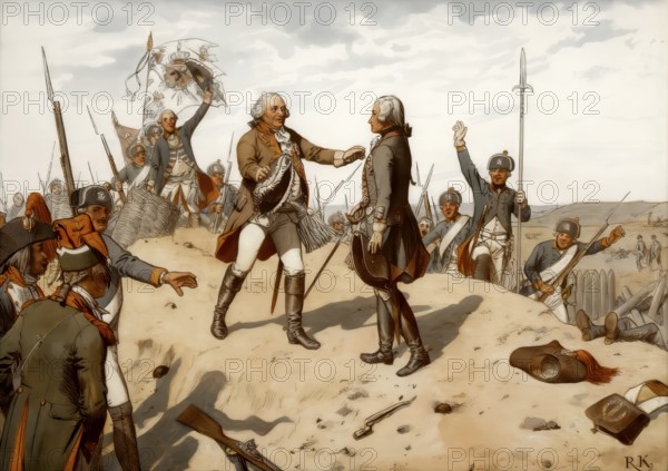 Louise ofFrederick William II embraced the heroic crown prince Frederick William III after the battle of Kostheim, 1 May 1793, historical painting by R. Knötel, Publishing house Paul Kittel, 1896 Mecklenburg, 1776–1810, queen consort of Prussia