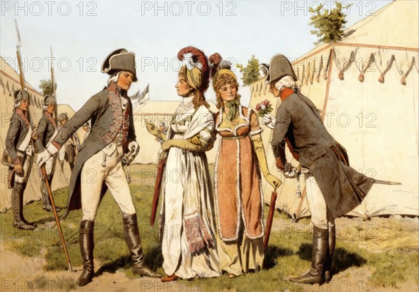 Visit of Princess Luise and Friederike to her fiancee, the Crown Prince Frederick William and Prince Ludwig, camp in Bodenheim, 29 May 1793, Louise of Mecklenburg-Strelitz, 1776 - 1810, queen consort of Prussia, historical painting by C. Röchling, Publishing house Paul Kittel, 1896